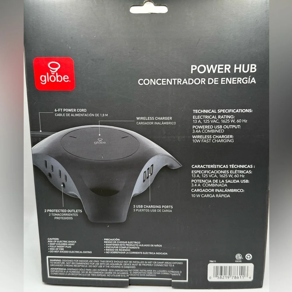 Globe Fast Charging Wireless Power Hub-New-3 USB Ports 6 ft power cord - Picture 2 of 5